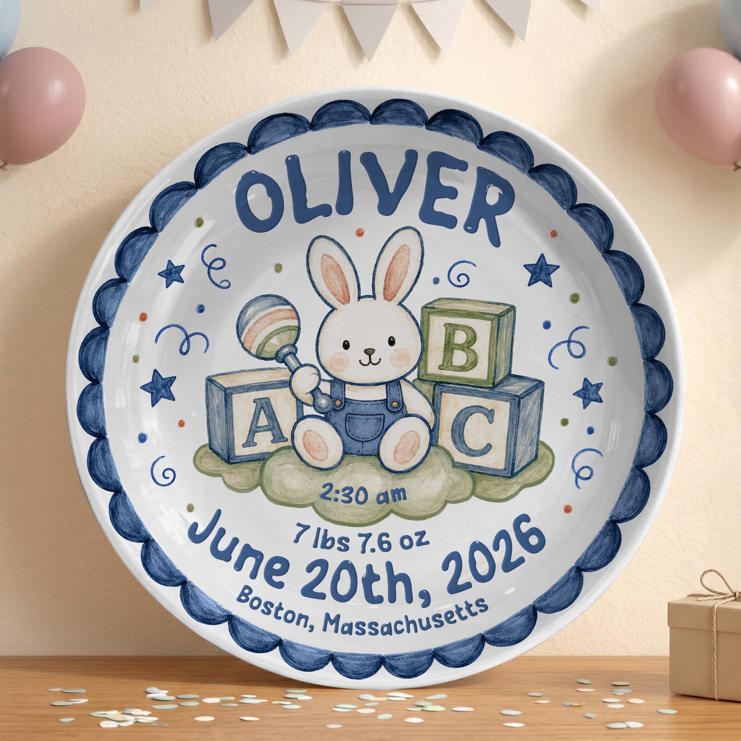 Cute Bunny Birth Stats Keepsake Personalized Birthday Plate for Baby P626ZVPTTa