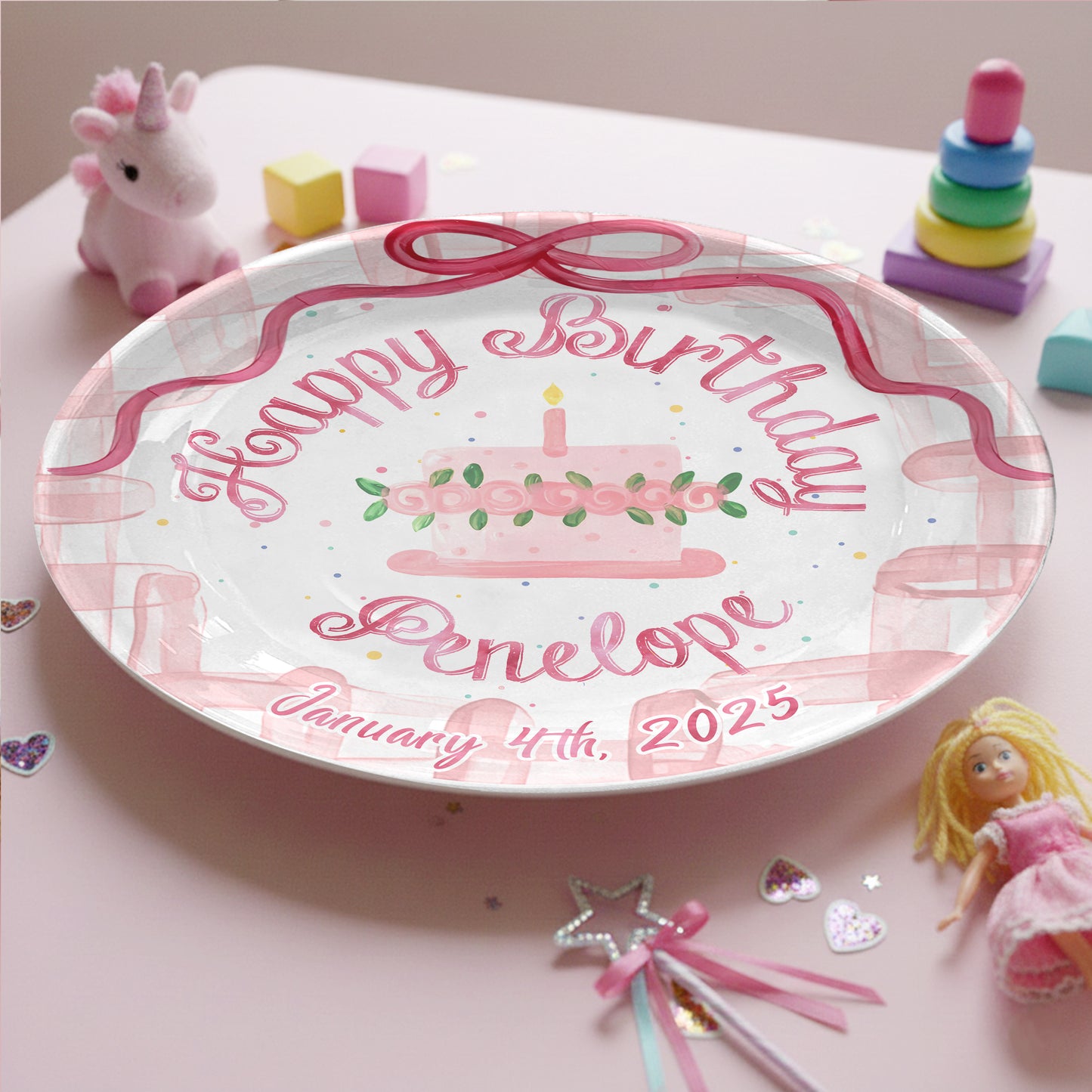Pink Bow and Floral Cake Personalized Birthday Plate P9309RT0