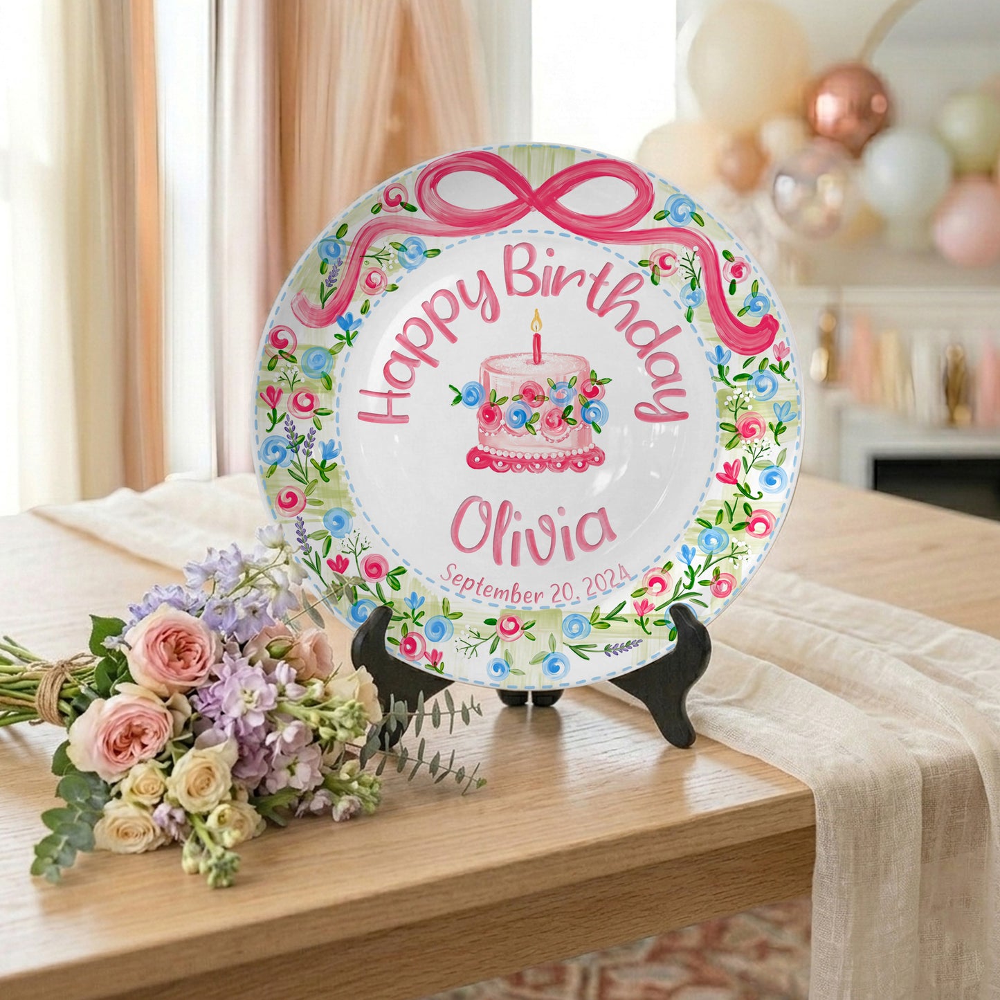 Floral Wreath with Pink Bow Personalized Birthday Plate P410DXJ0