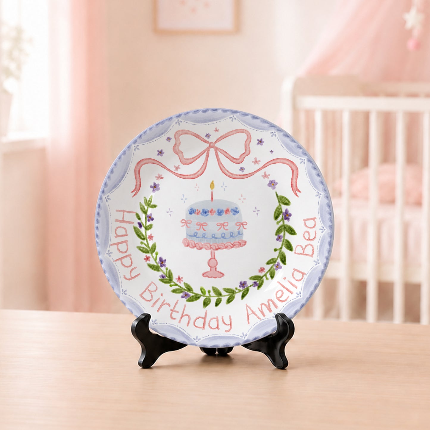 Pink Bow and Lavender Floral Wreath Cake Stand Personalized Birthday Plate P62GQC0