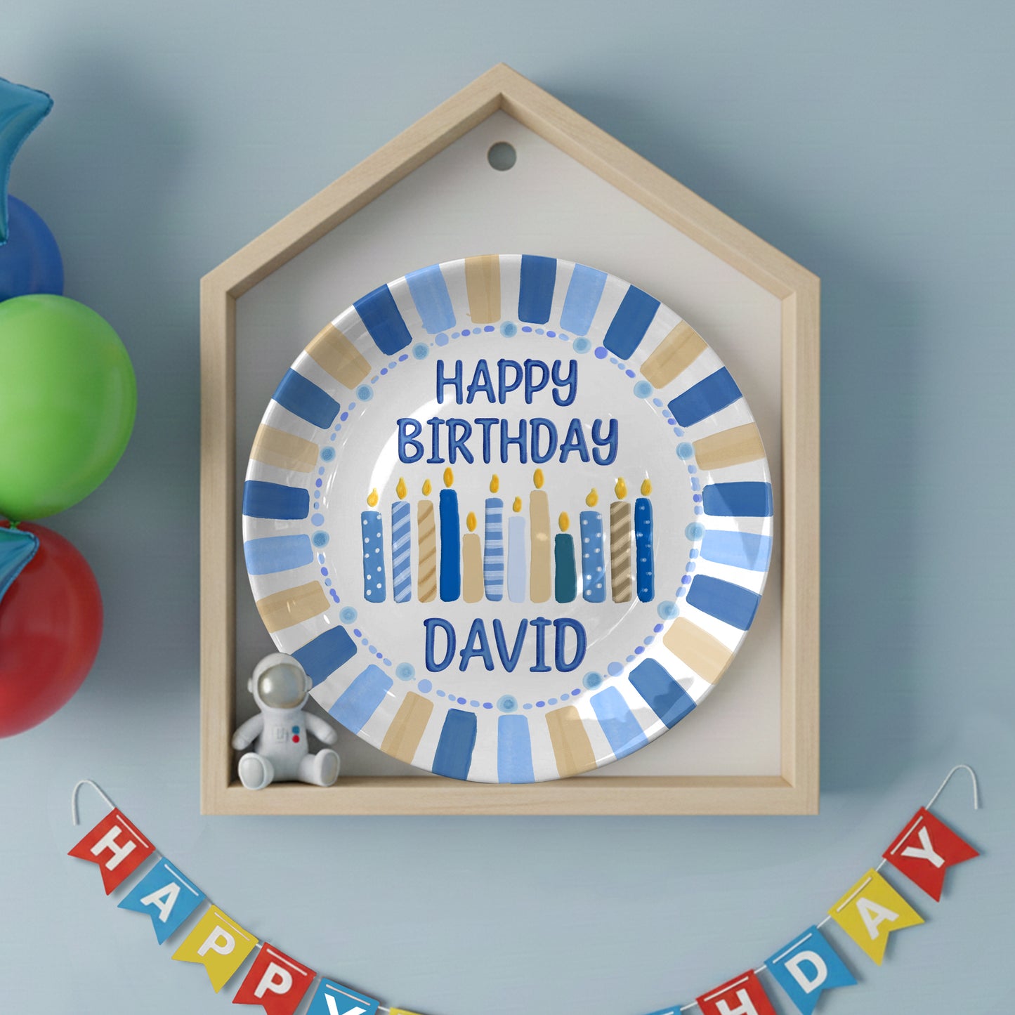 Striped Party Border with Birthday Candles Personalized Birthday Plate D321TUA0