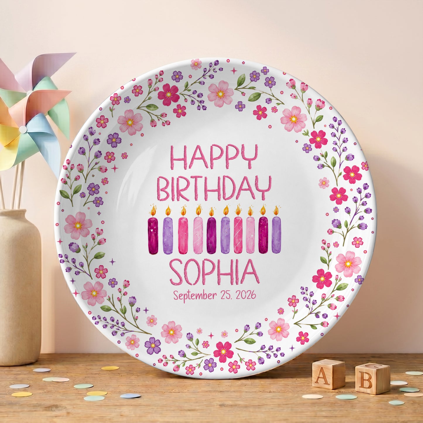 Floral Birthday Candles Personalized Birthday Plate for Girls D625JGX0