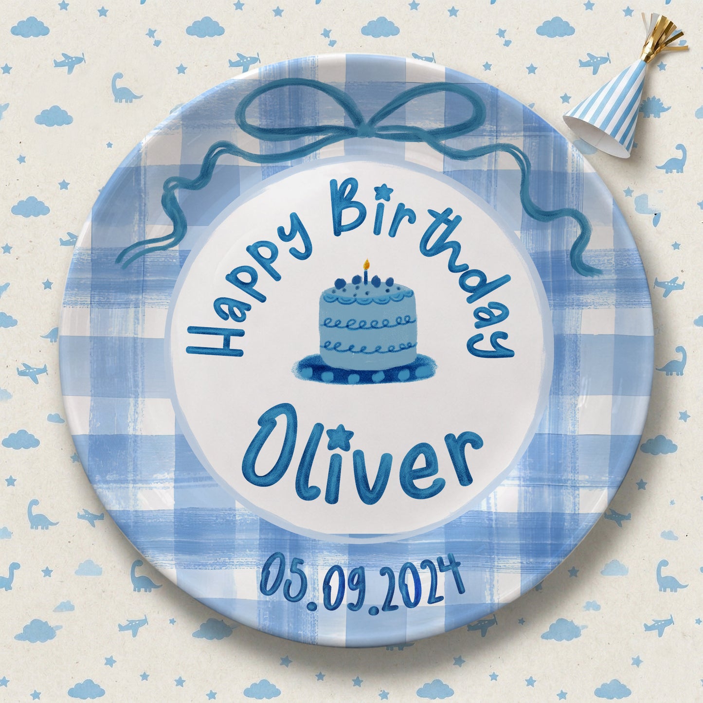 Blue Gingham Bow Personalized Birthday Plate P41V3P0