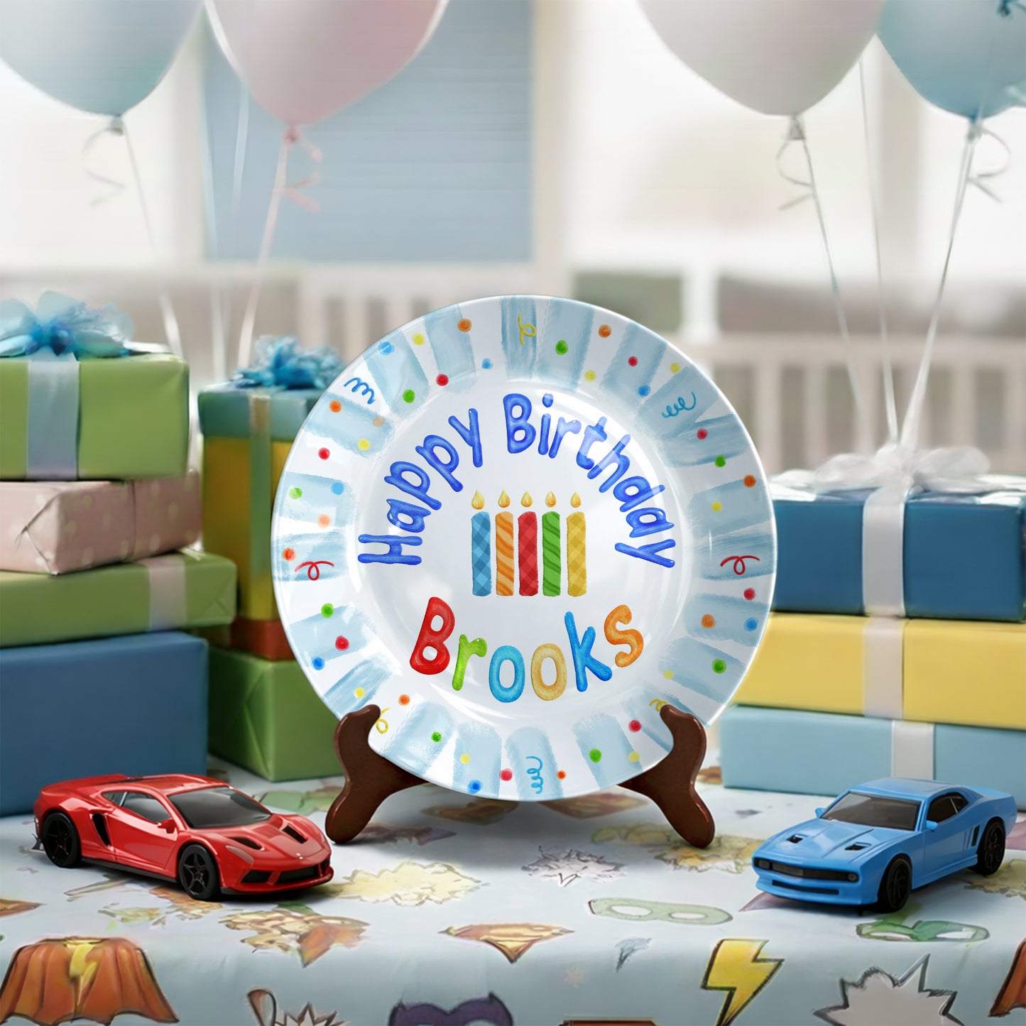 Colorful Candles with Blue Confetti Border Personalized Birthday Plate P23GWI0