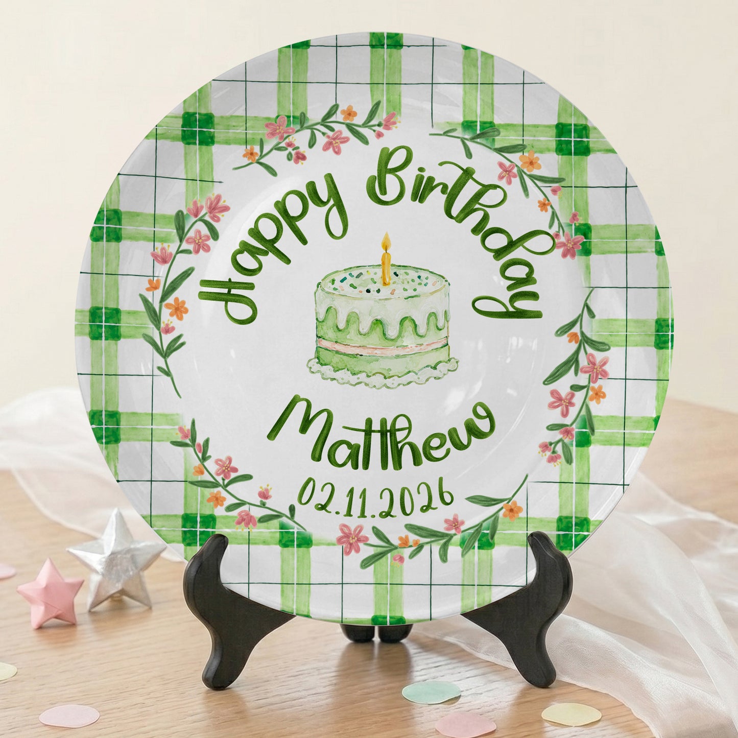 Green Gingham Daisy Birthday Keepsake Personalized Birthday Plate P627TBG0