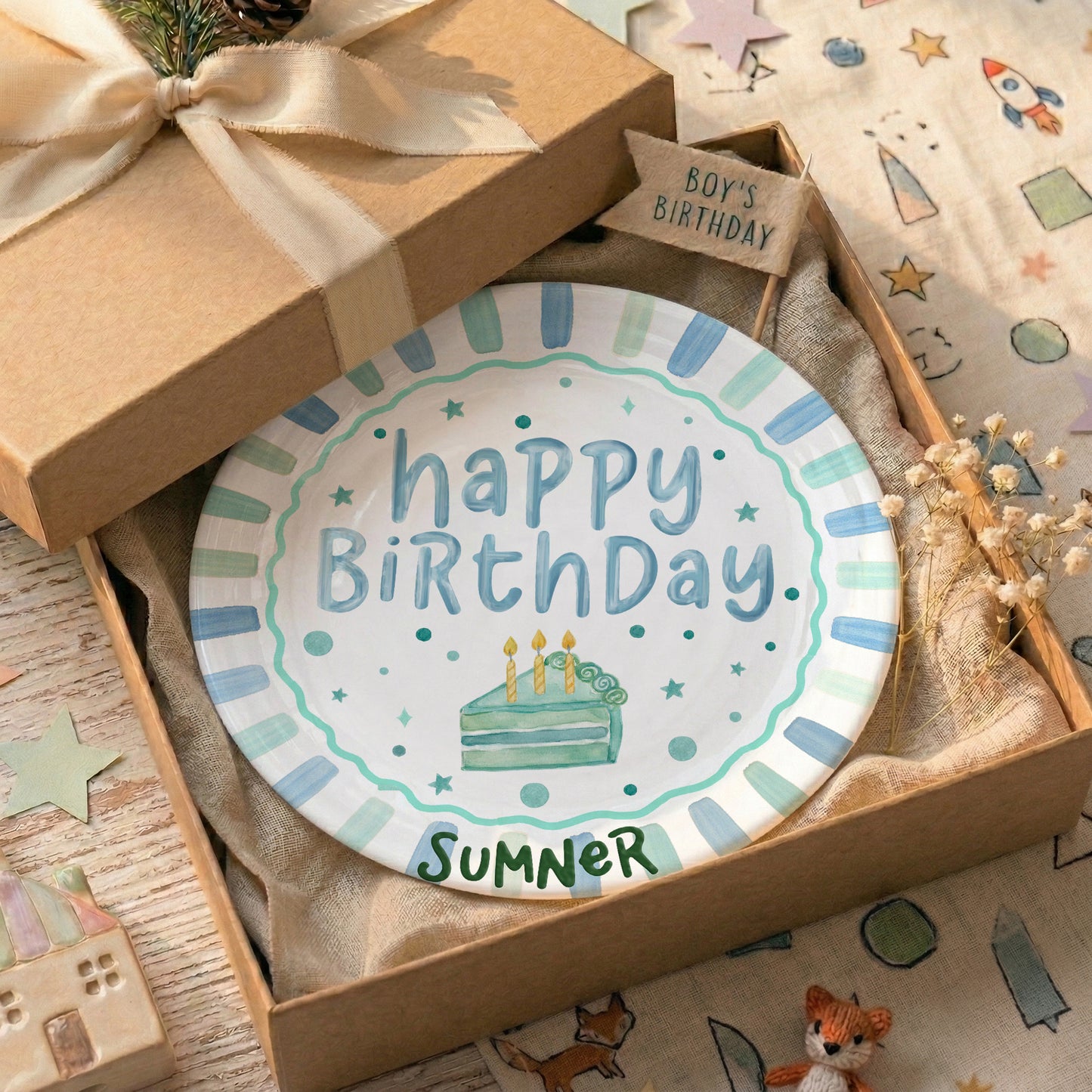 Blue and Mint Striped Border with Teal Cake Slice Personalized Birthday Plate D43D5V0