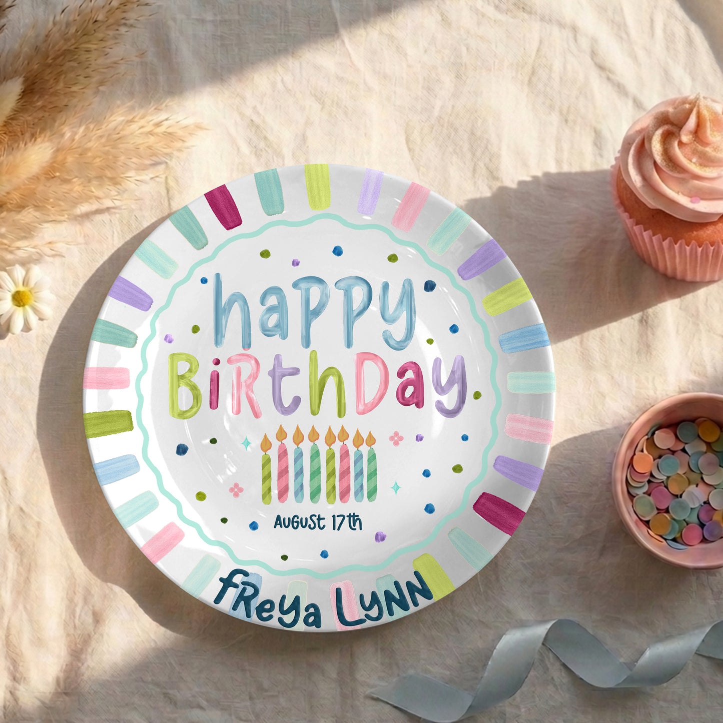 Colorful Candles and Stripes Personalized Birthday Plate D43RCW0a1