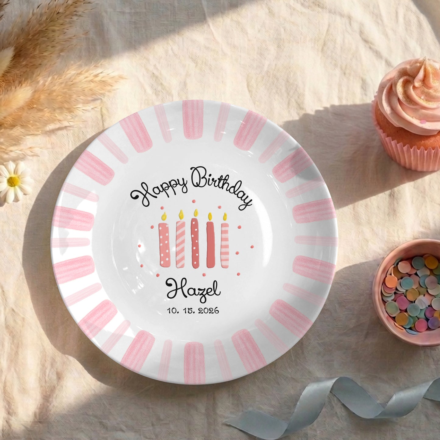 Pink Stripe Personalized Birthday Plate P46DI00