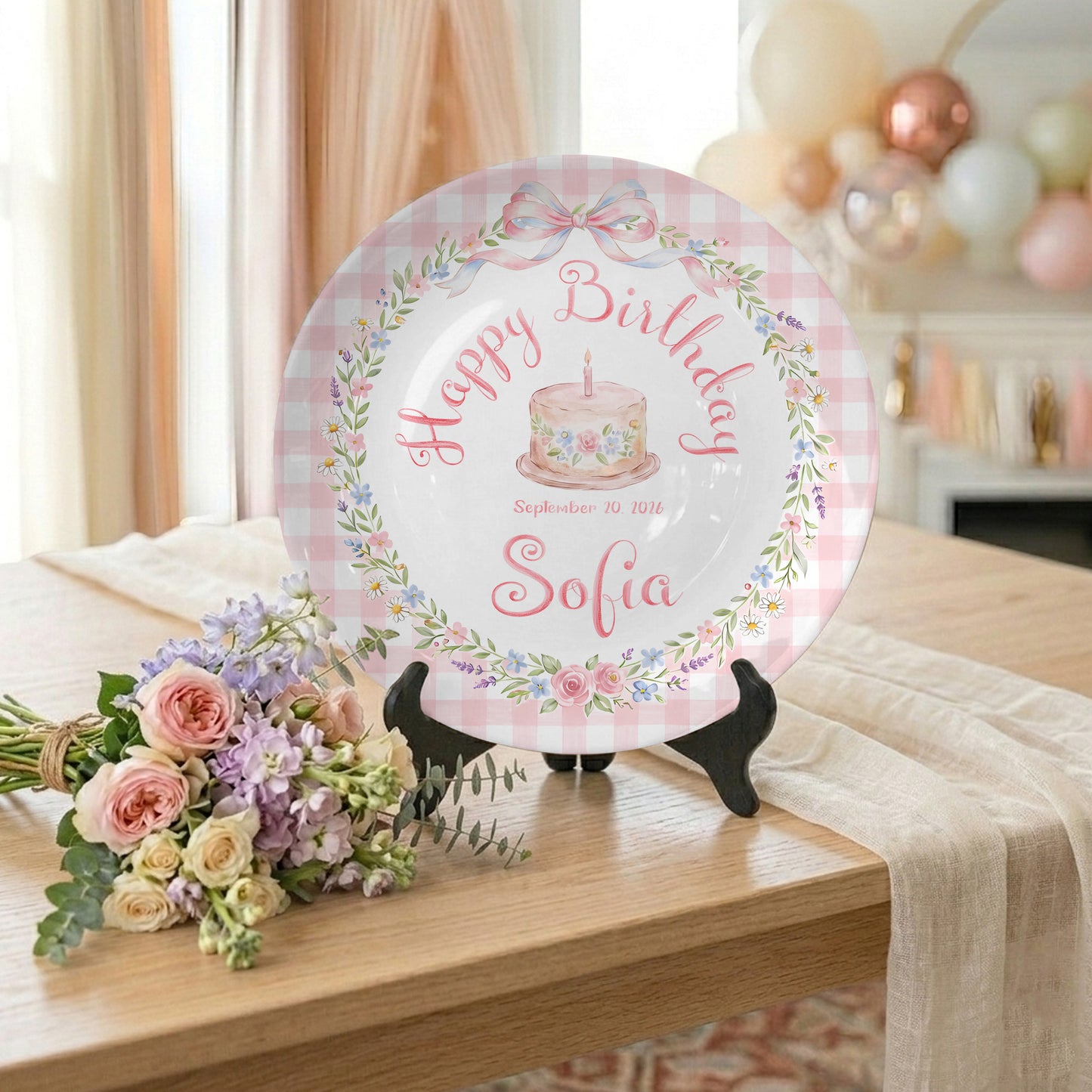 Pink Gingham Bow and Floral Wreath Cake Personalized Birthday Plate P415RRC0