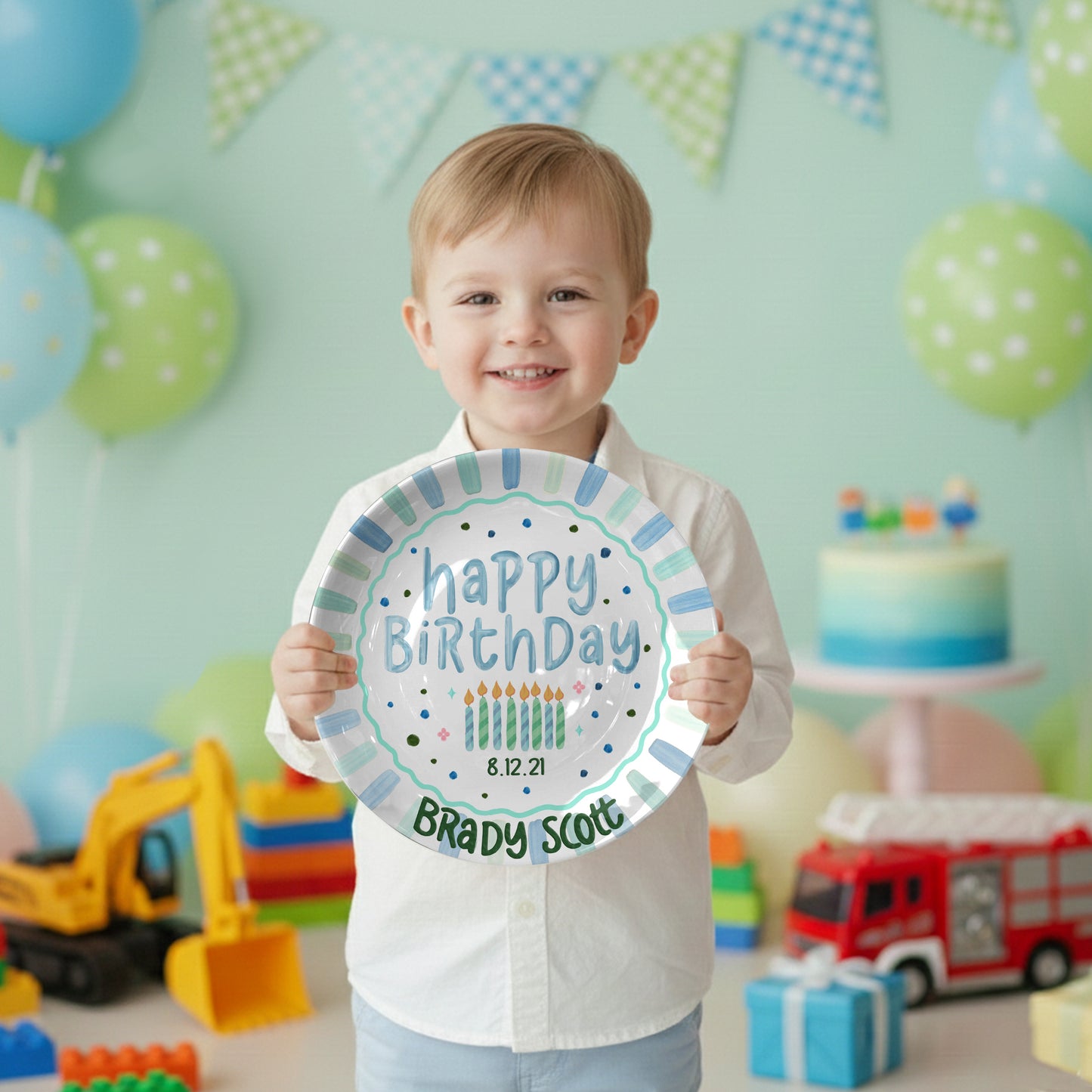 Blue Green Candles and Striped Border Personalized Birthday Plate P1024AQC0#2