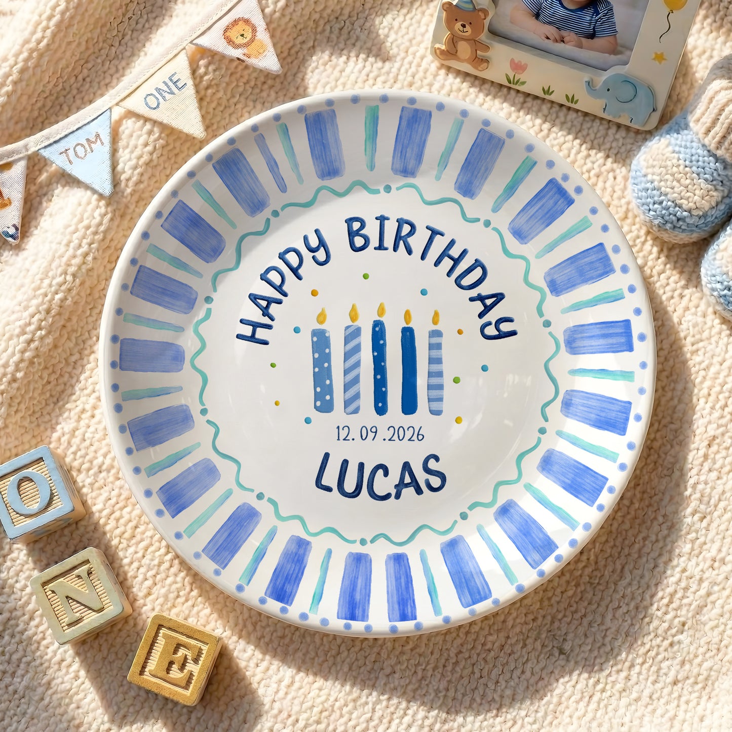 Blue Striped Candles Personalized Birthday Plate P46KBS0