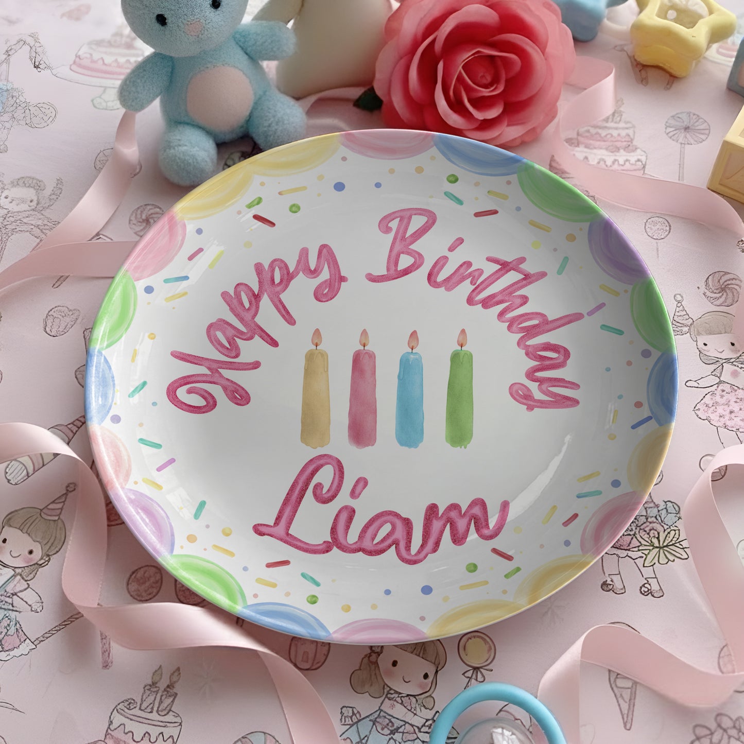Pastel Candles and Rainbow Border Personalized Birthday Plate P225FQF0