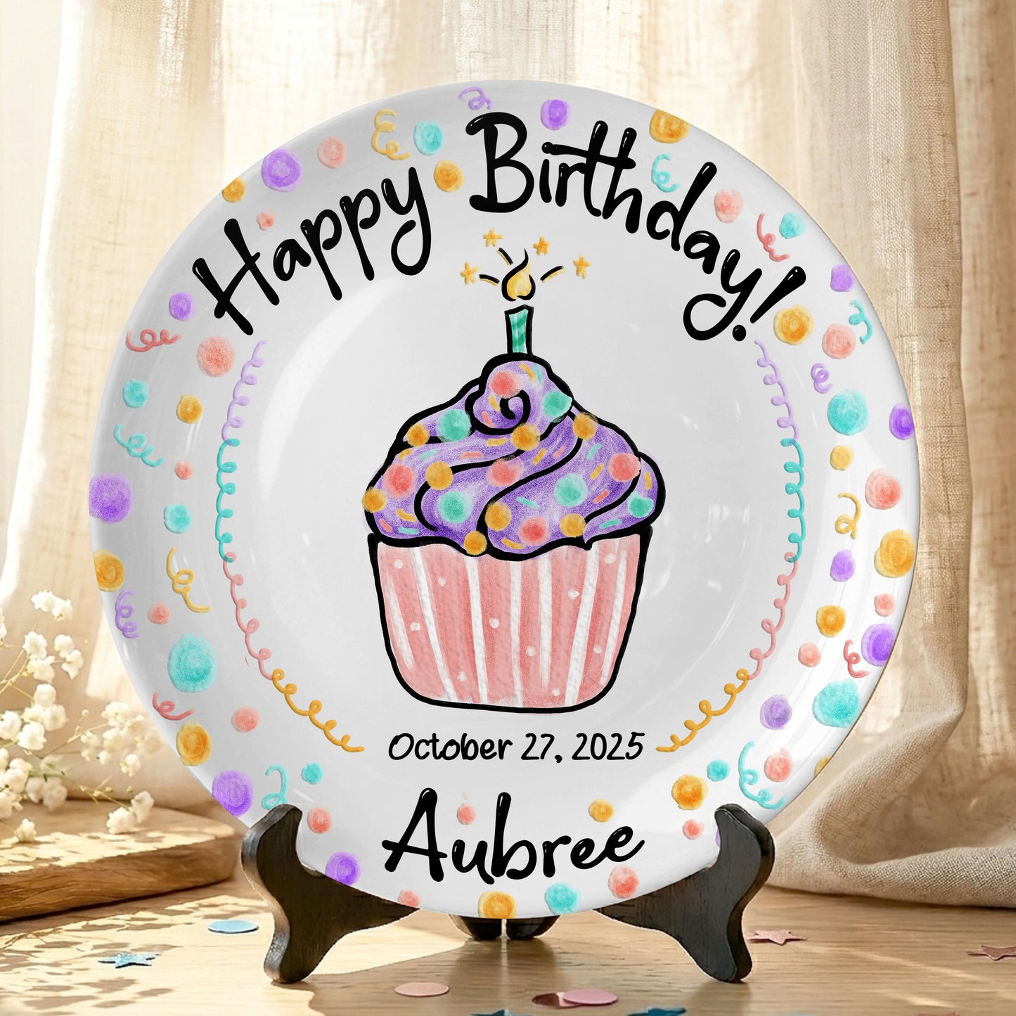 Colorful Confetti Cupcake Personalized Birthday Plate P42L9D0