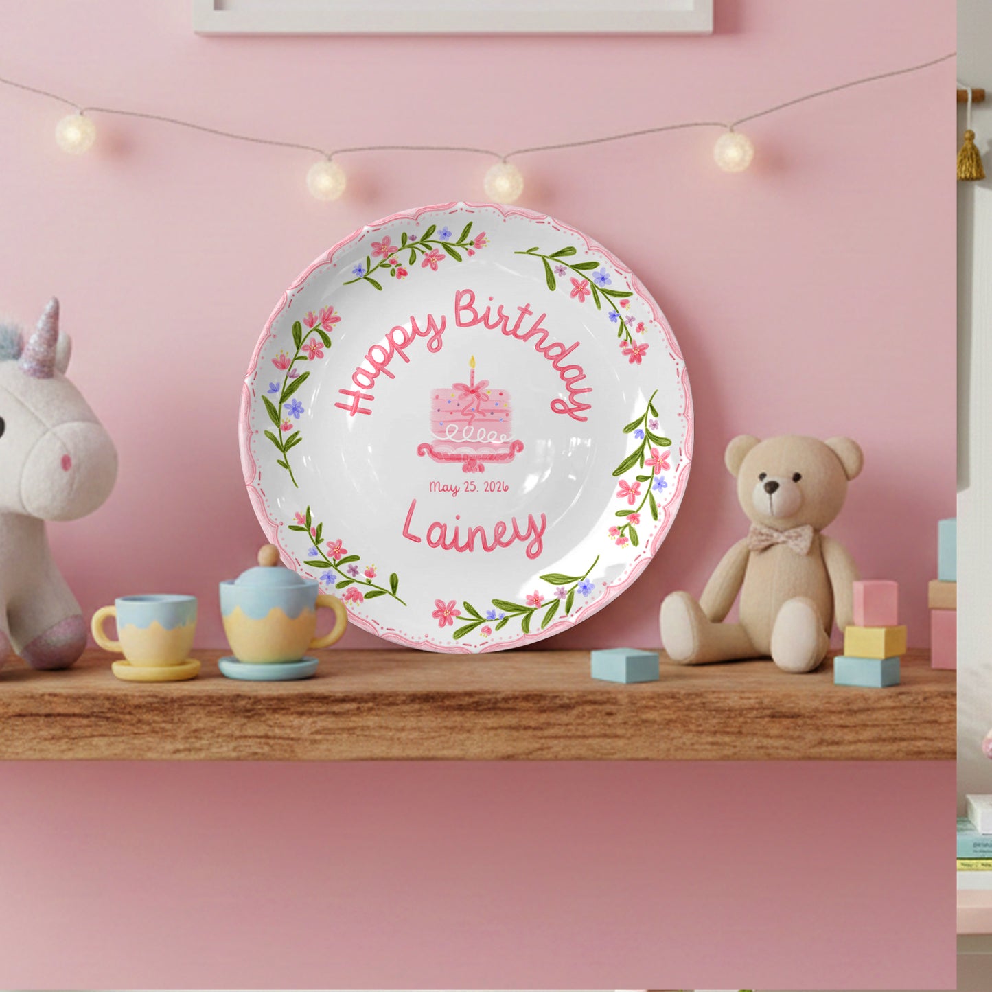 Pink and Blue Floral Plates Personalized Birthday Plate D311DZZ0