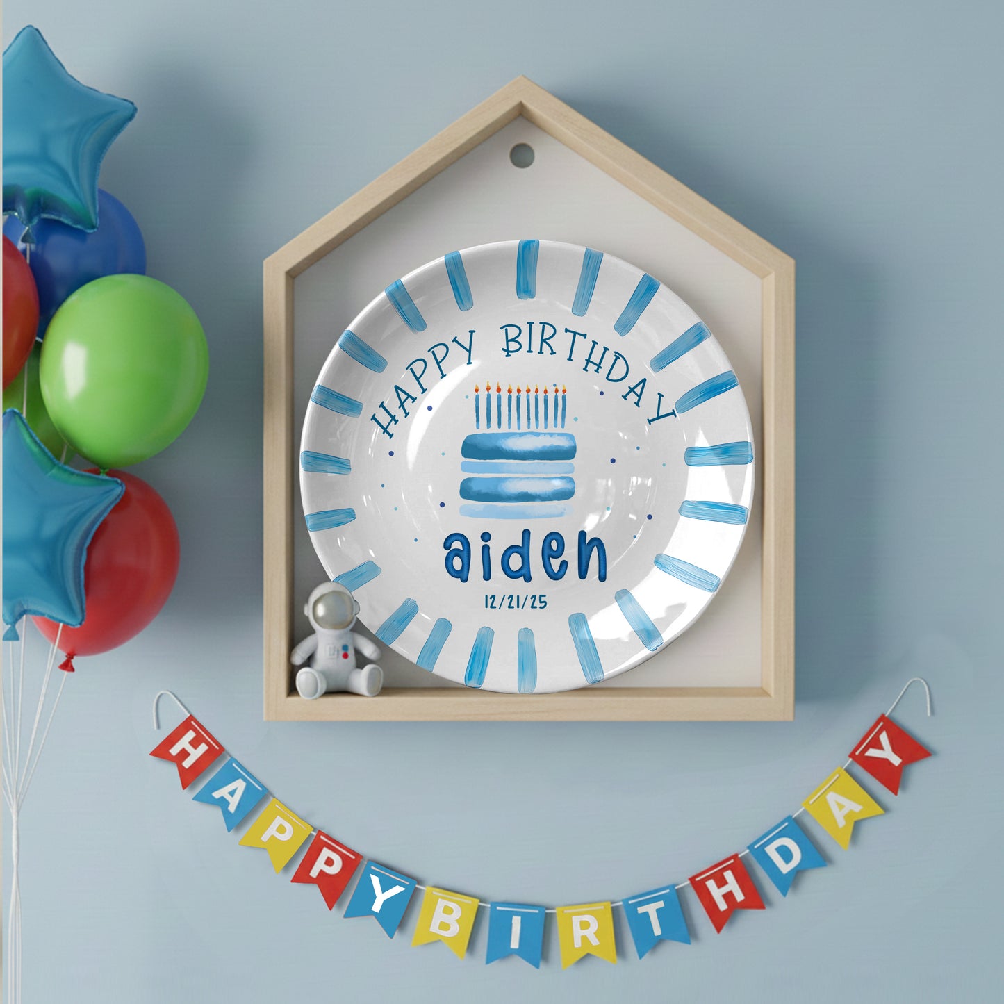 Blue Cake and Brush Stroke Border Personalized Birthday Plate P111BC60
