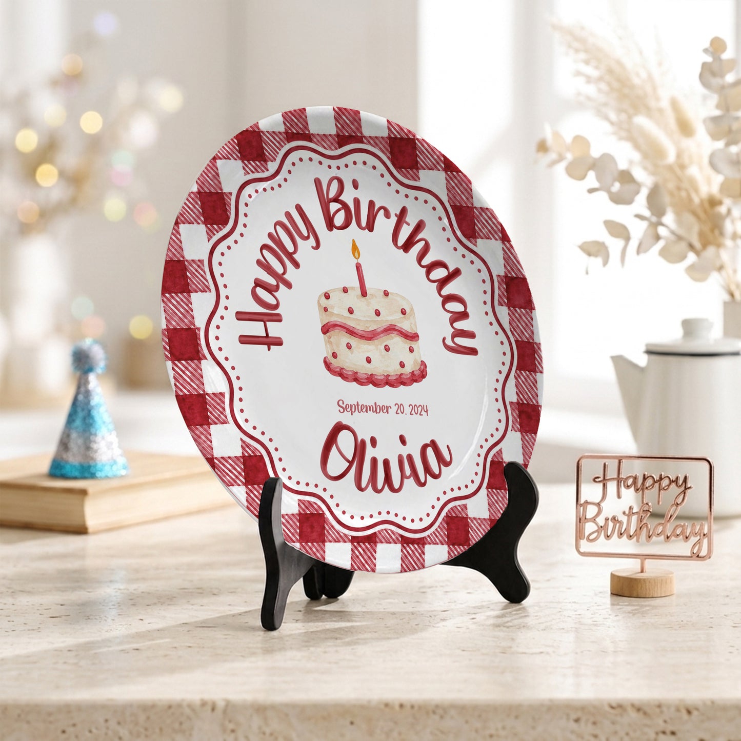 Red Gingham Birthday Cake Keepsake Personalized Birthday Plate P718CMU0
