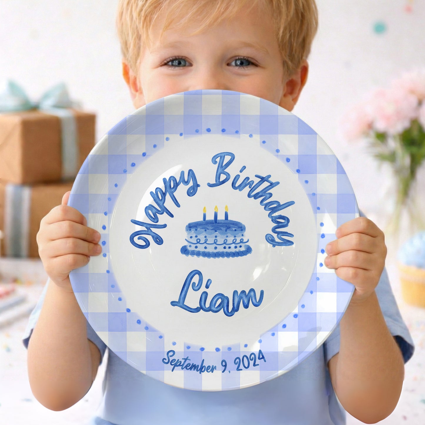 Blue Gingham Border with Blue Birthday Cake Personalized Birthday Plate P415SDU0