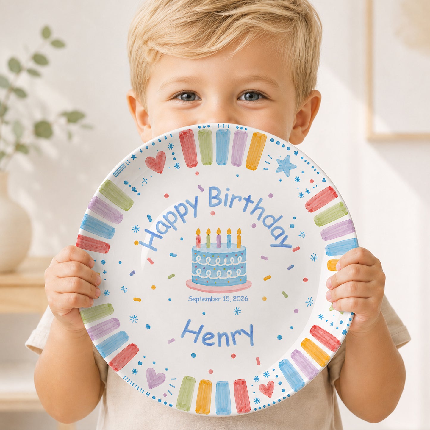 Blue Cake and Colorful Border Cake Personalized Birthday Plate P611K5R0