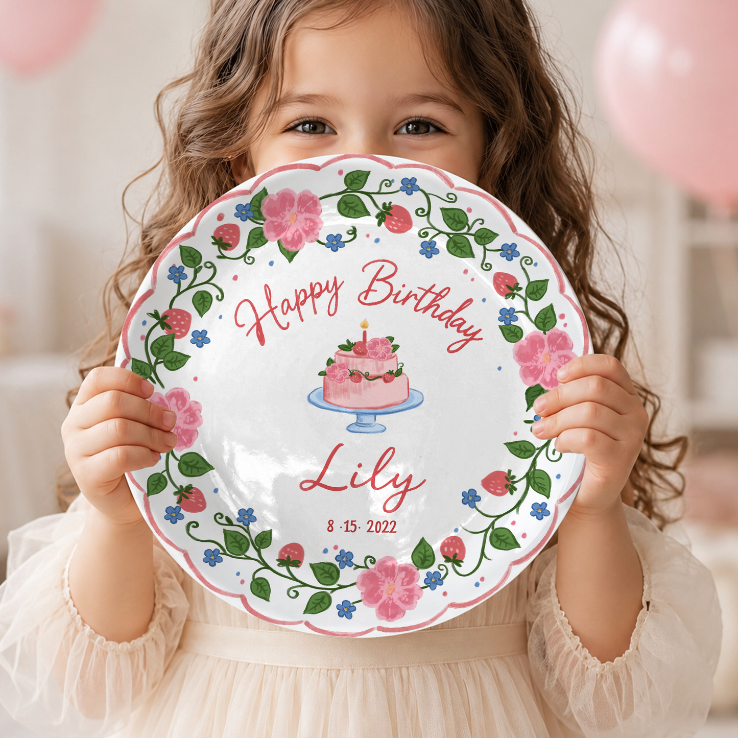 Strawberry Floral Cake Personalized Birthday Plate P5140W50