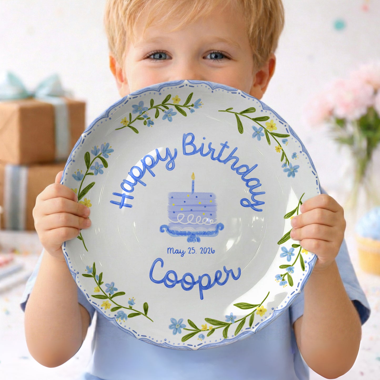 Blue Floral Cake Personalized Birthday Plate P5149BT0