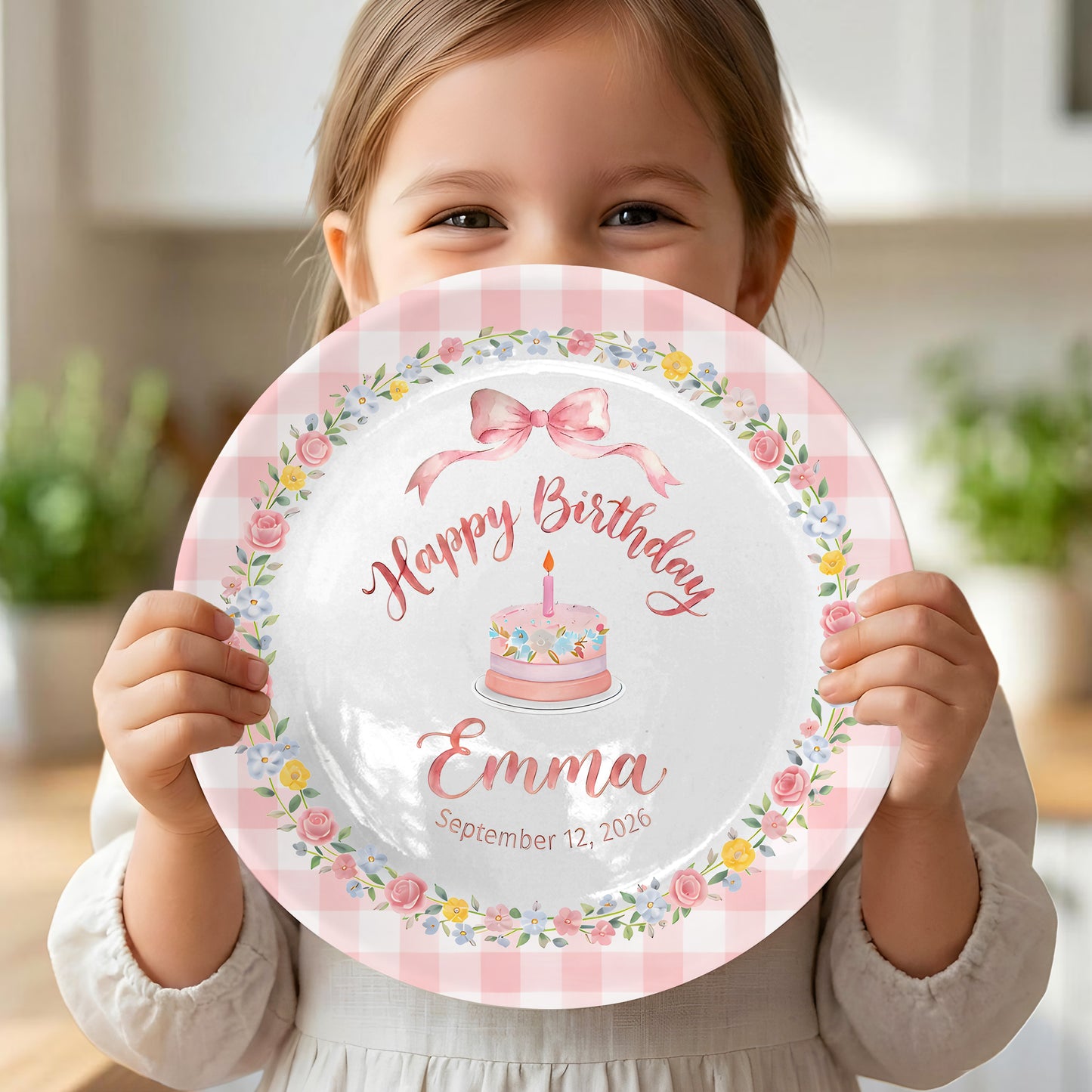Pink Gingham Border with Floral Wreath Bow Personalized Birthday Plate P4151HJ0