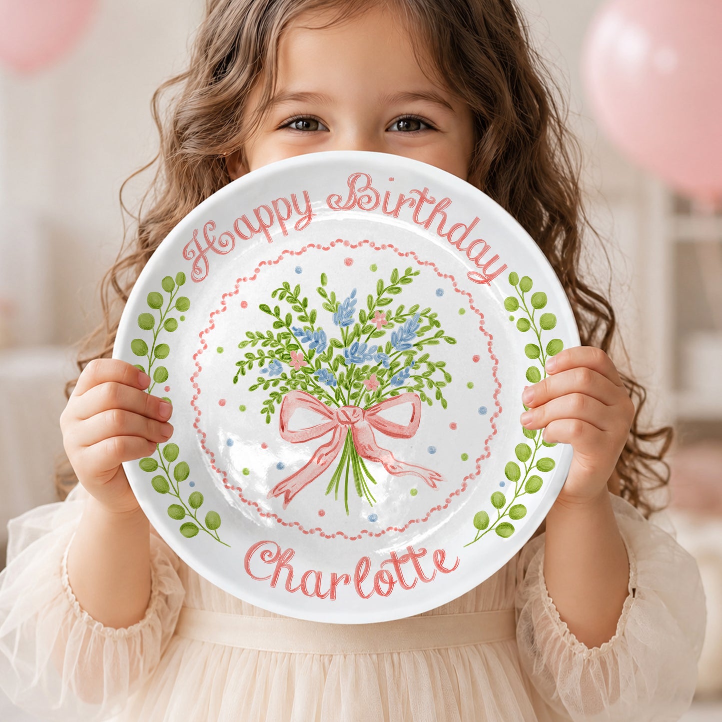Soft Floral Bouquet Personalized Birthday Plate for Girls P61TIZ0