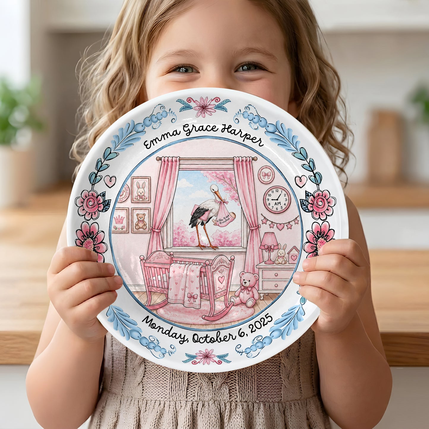 Pink Nursery Room with Stork and Floral Border Personalized Birthday Plate P518MN50