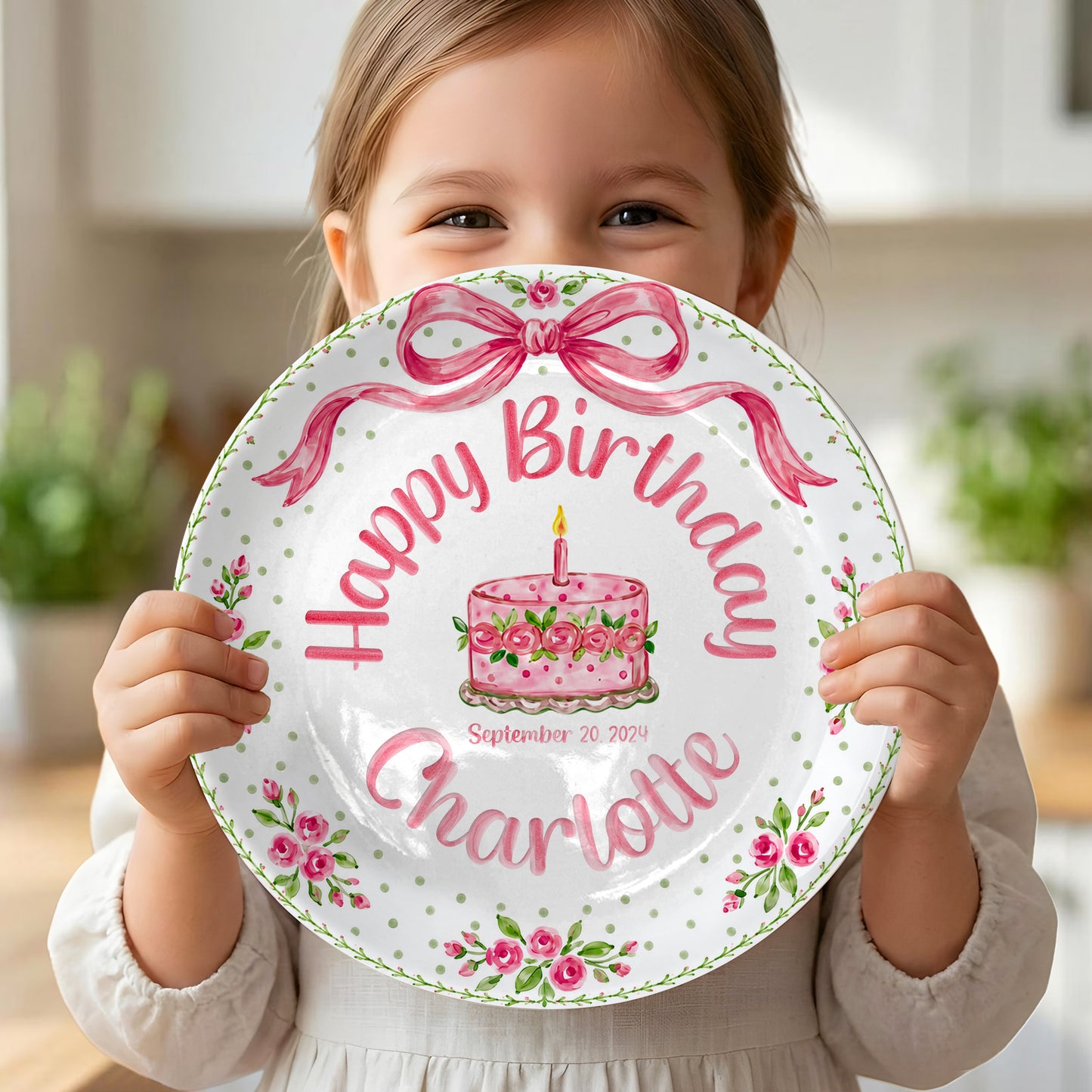 Pink Bow Rose Cake Personalized Birthday Plate P520QZN0