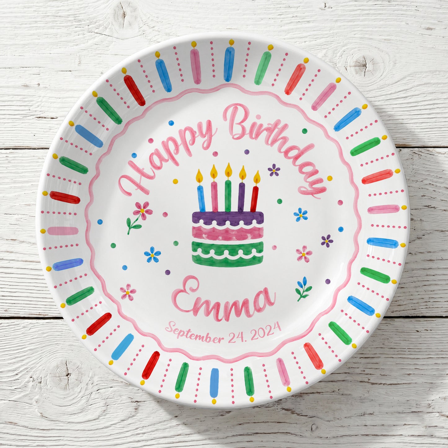 Colorful Birthday Cake Keepsake Personalized Birthday Plate for Kids D6250W50