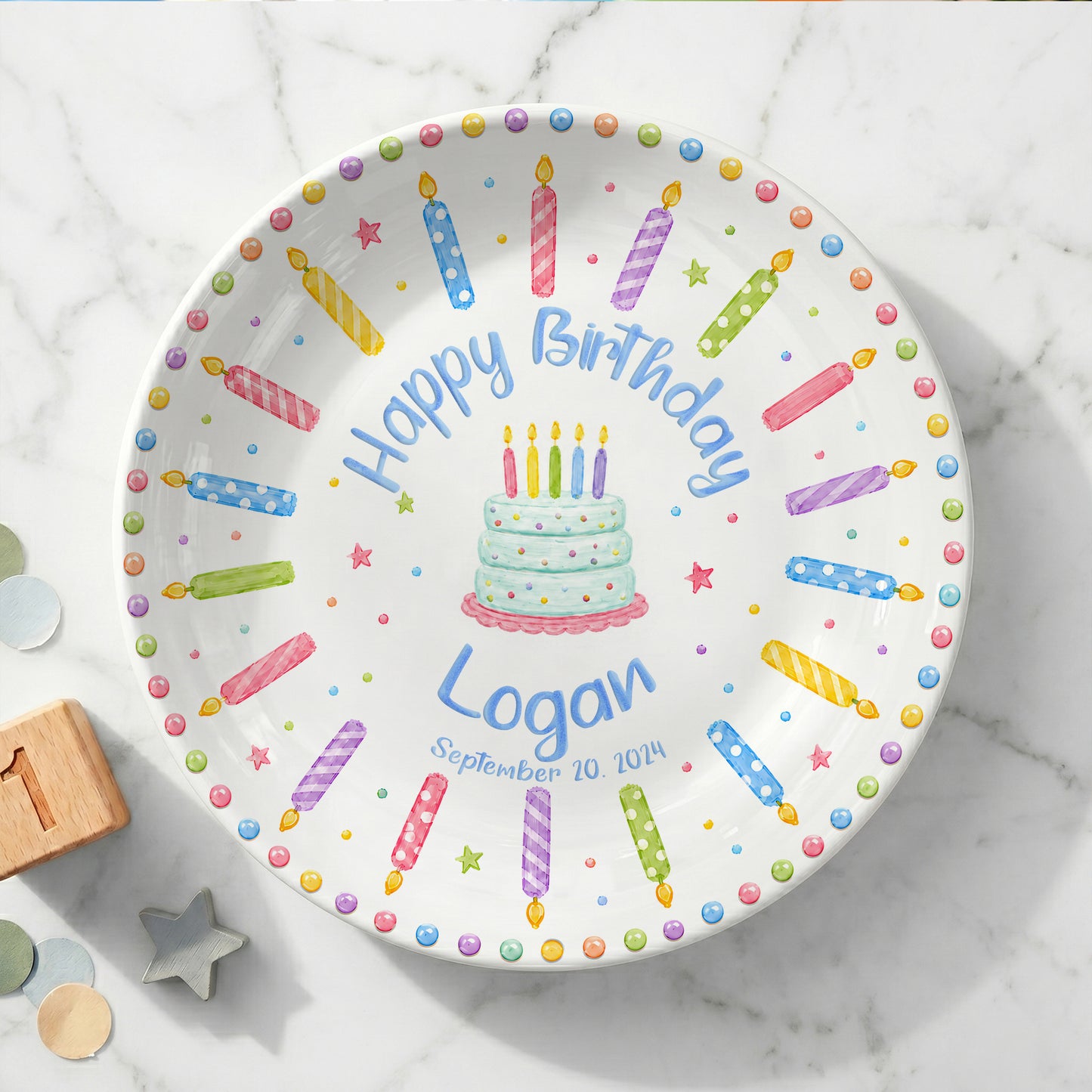 Rainbow Candle Confetti Cake Personalized Birthday Plate P617UUI0