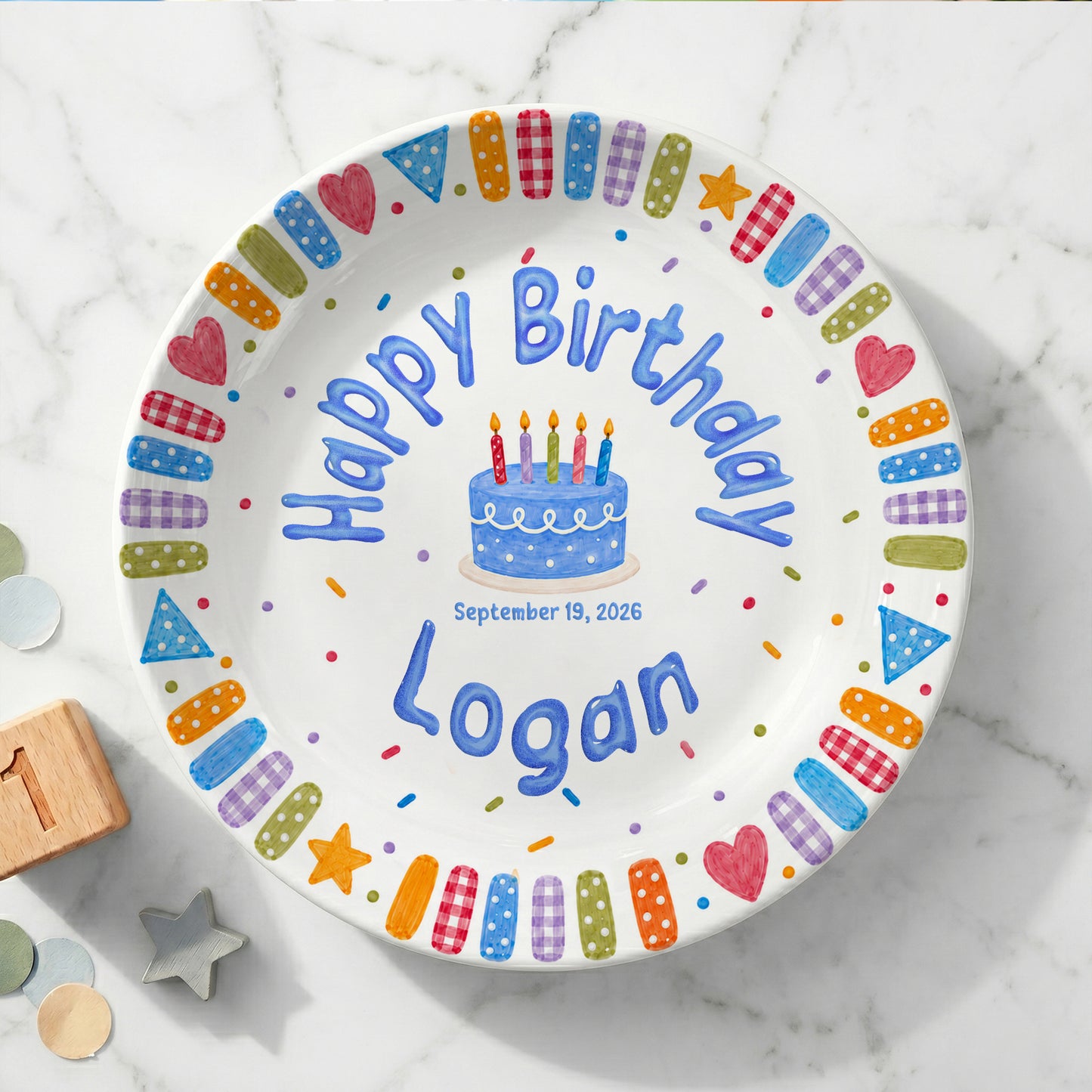 Blue Cake and Colorful Confetti Personalized Birthday Plate P6174GK0