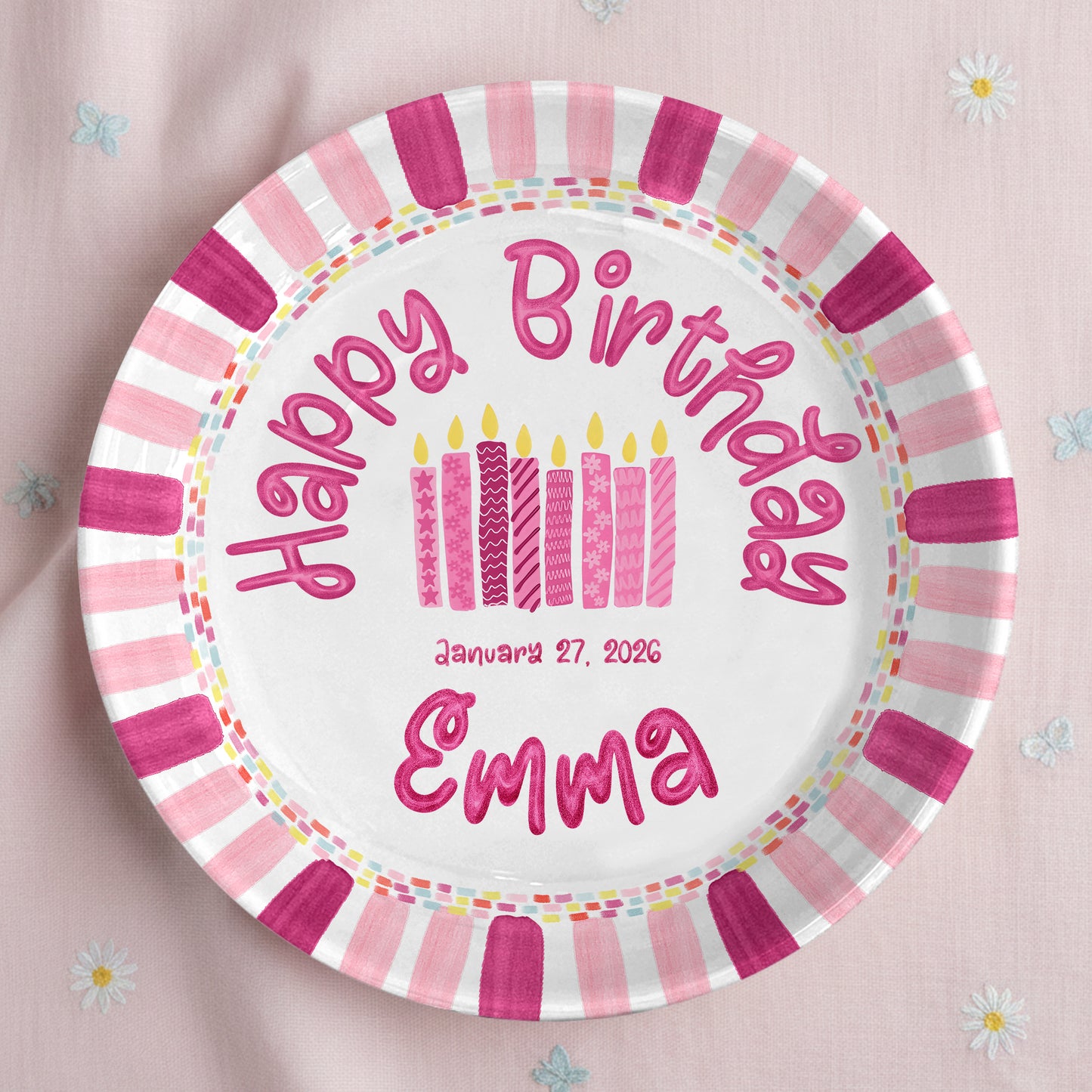 Pink Stripe Candle Personalized Birthday Plate P29F6C0