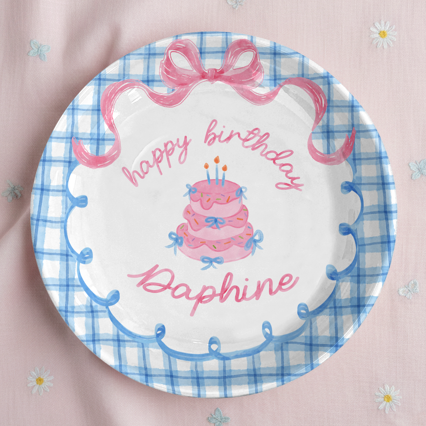 Blue Gingham Pink Bow Cake Personalized Birthday Plate P2126QF0