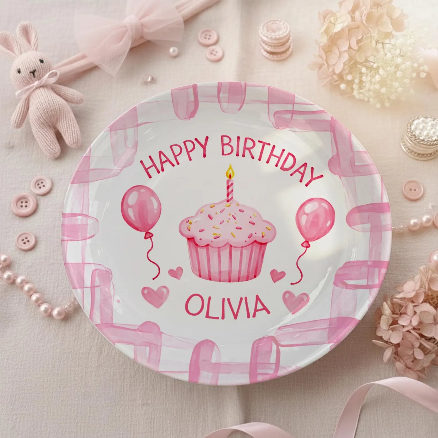 Cupcake with Pink Balloons and Hearts Personalized Birthday Plate P113CBY0