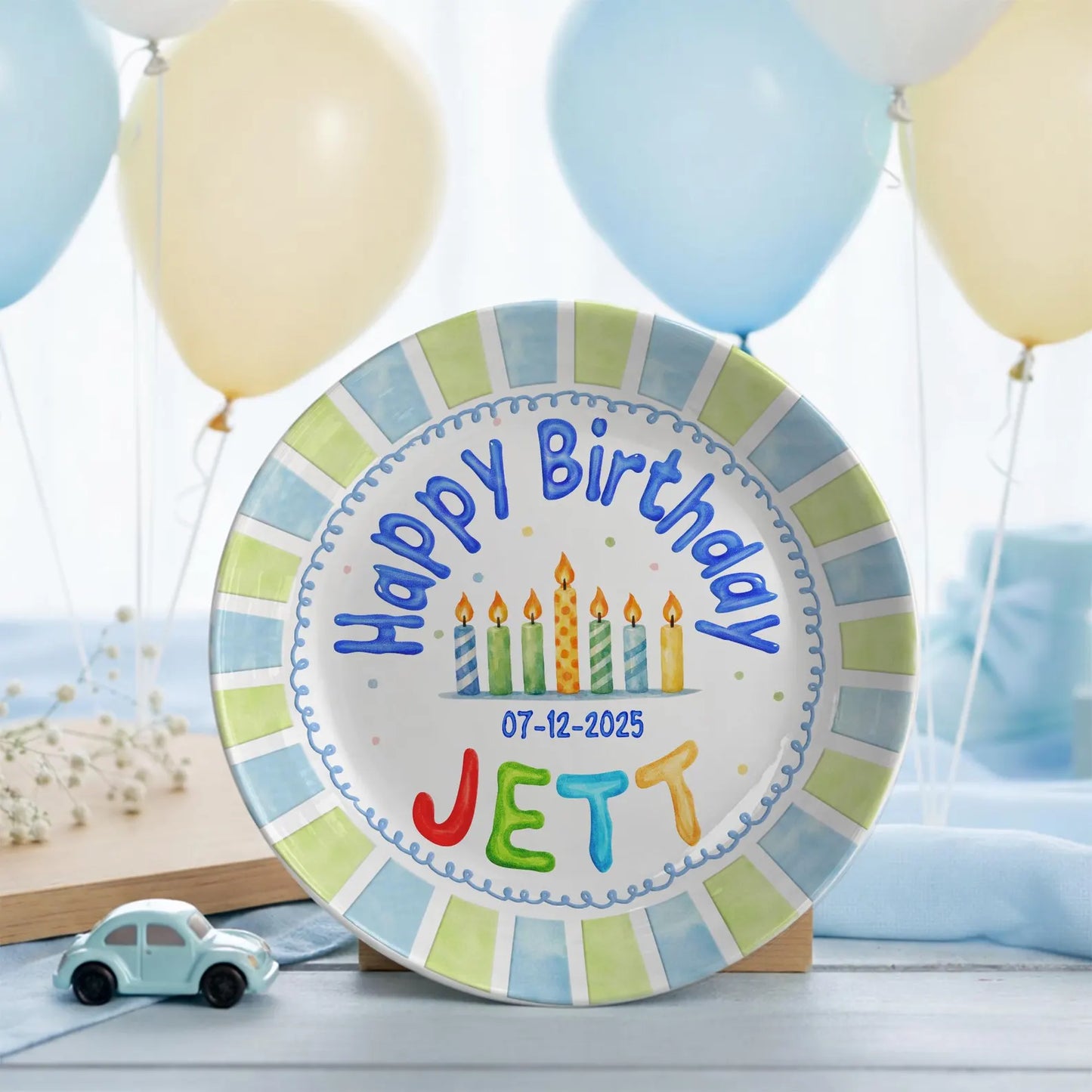 Candles with Blue and Green Block Border Personalized Birthday Plate P113RK30