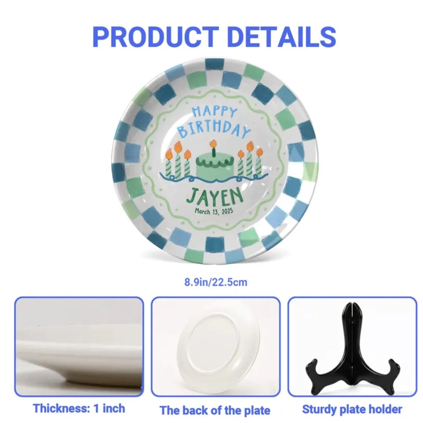 Green Cake with Blue Green Checkered Border Personalized Birthday Plate P119ZUV0