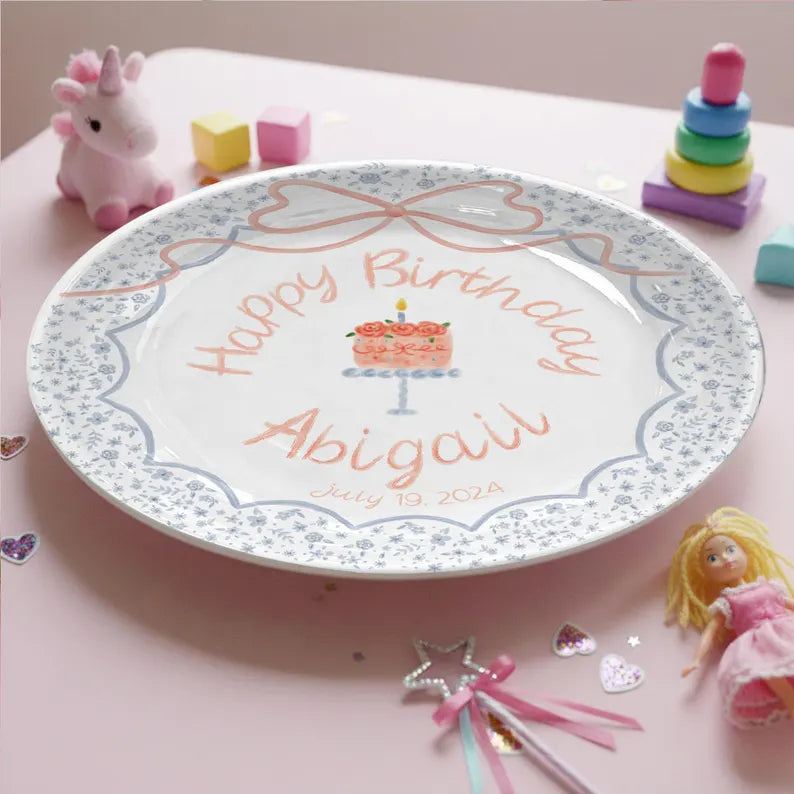 Cake with Peach Bow and Blue Floral Border Personalized Birthday Plate P1235ER0