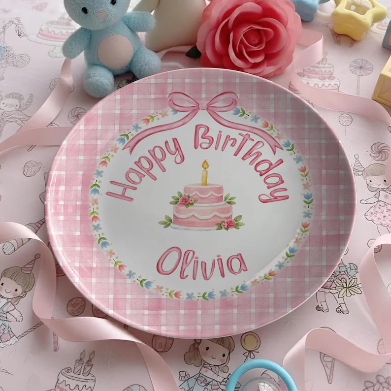 Pink Checkered and Floral Cake Personalized Birthday Plate P18IUY0