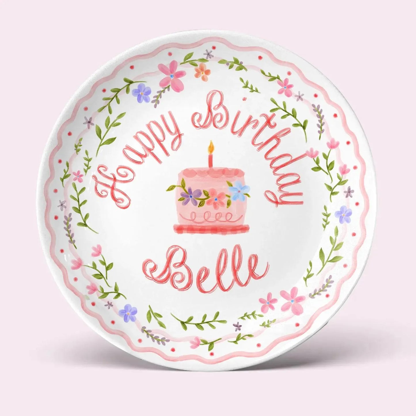 Pink Cake and Floral Wreath Personalized Birthday Plate P18Y4P0