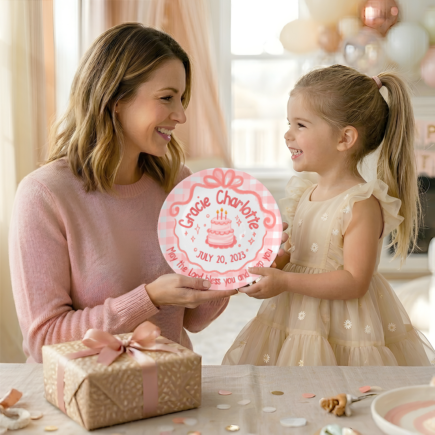 Pink Gingham Bow Cake Personalized Birthday Plate for Girls P212CMT0