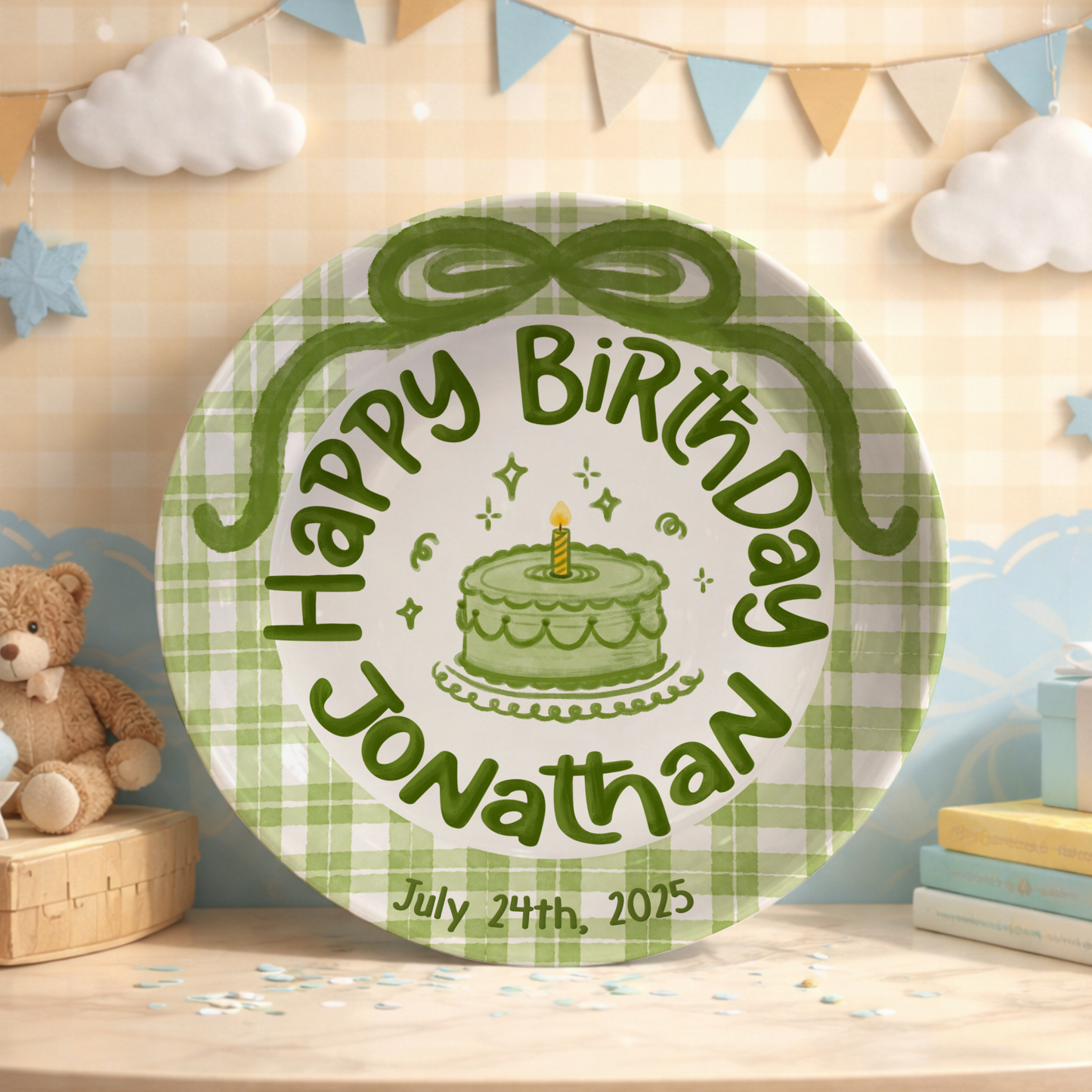 Green Gingham Personalized Birthday Plate P212JEY0