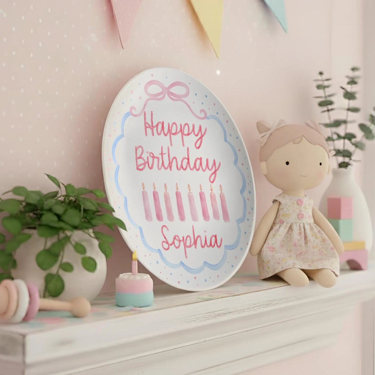 Pink Candles with Blue Scalloped Border Personalized Birthday Plate P2267200