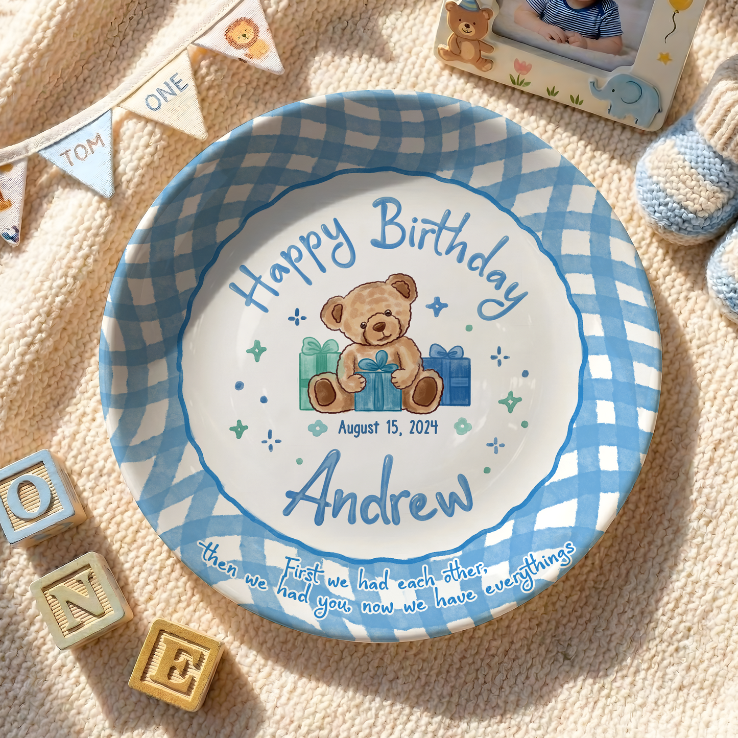 Blue Teddy Bear Birthday Keepsake Personalized Birthday Plate for Baby Boy P625FJ00