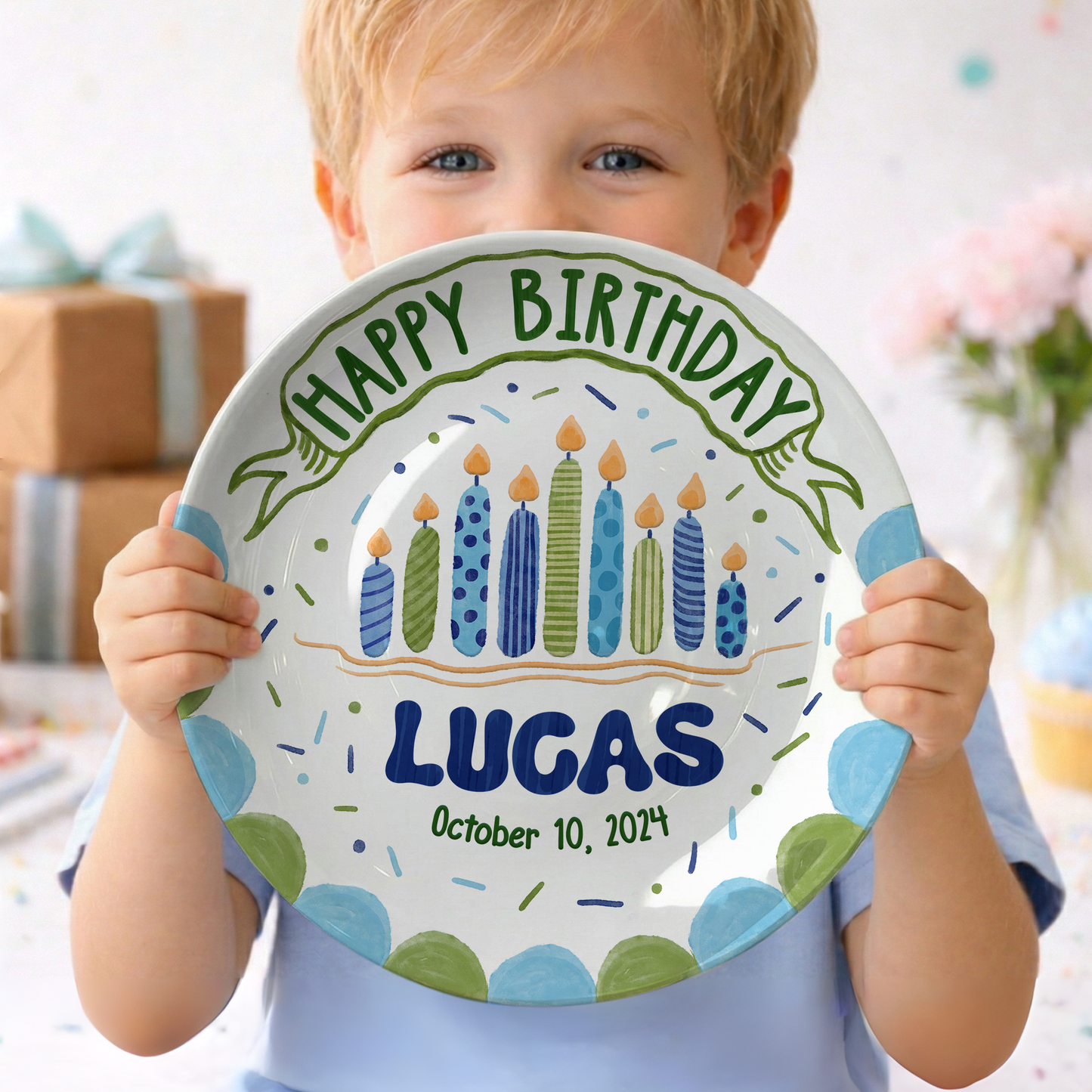 Blue Birthday Candles Keepsake Personalized Birthday Plate P626I8LTT