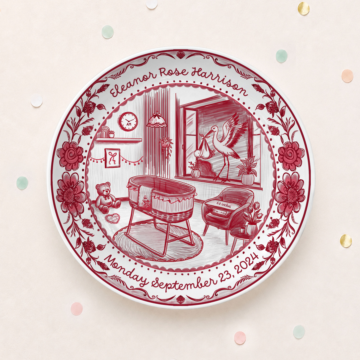 Red Toile Nursery Room with Stork and Floral Border Personalized Birthday Plate P62FUK0