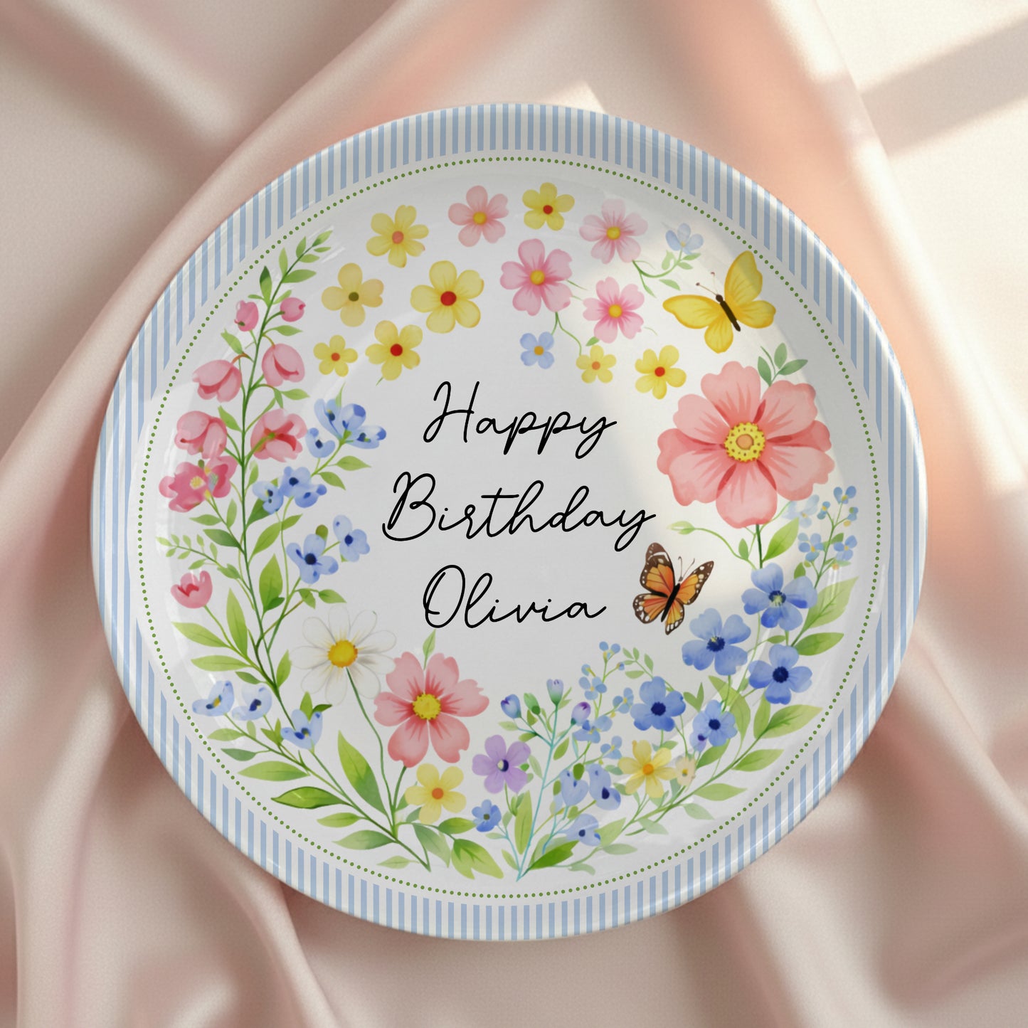 Blue Stripe Wildflower Personalized Birthday Plate P226BYE0