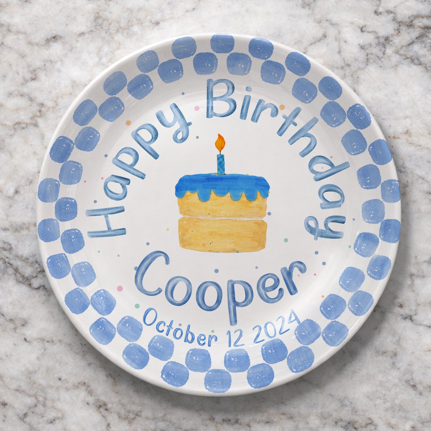 Blue Dot Cake Personalized Birthday Plate P31751E0