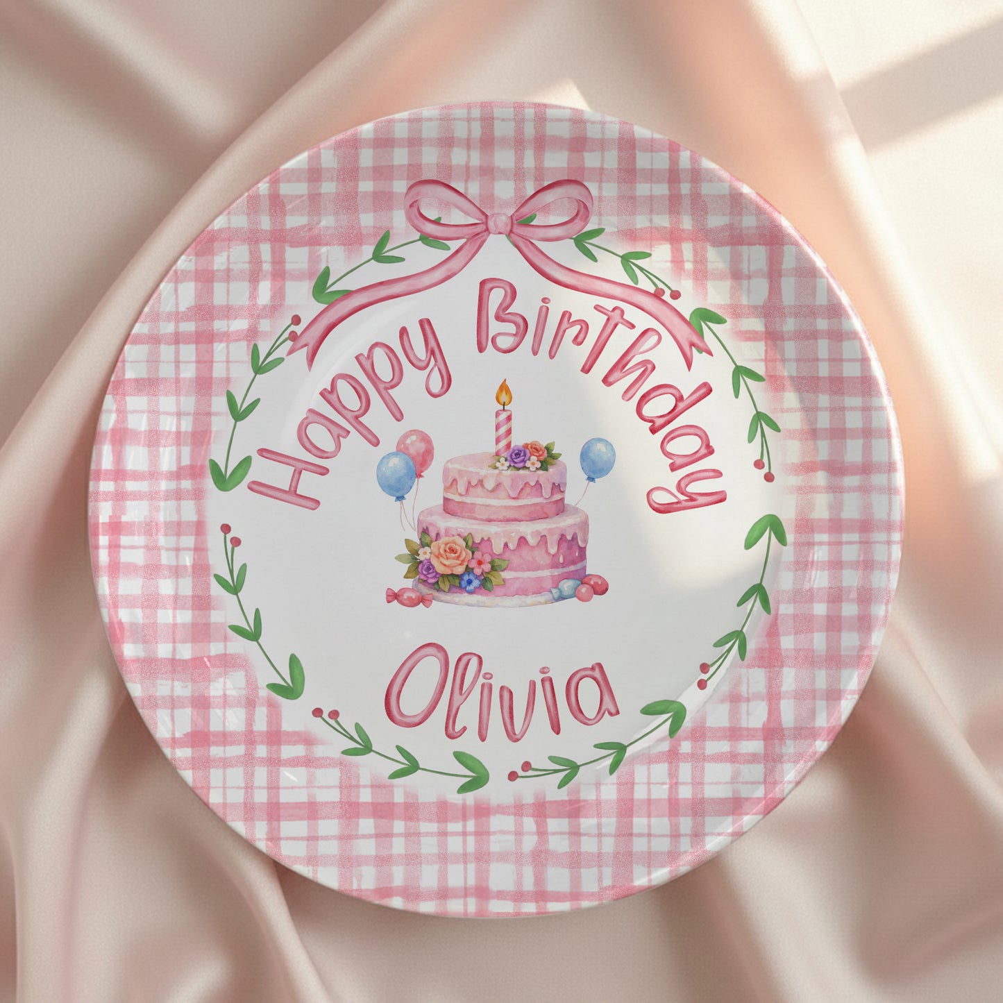 Pink Gingham Personalized Birthday Plate P130CVP0