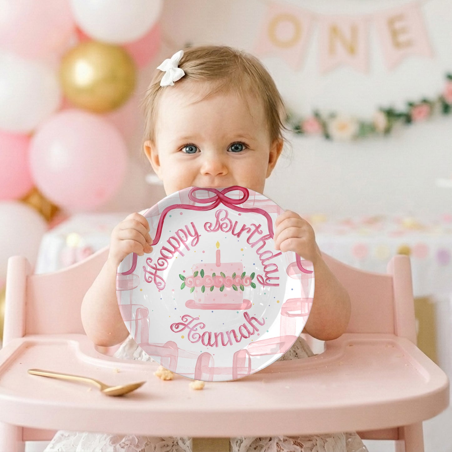 Pink Bow and Floral Cake Personalized Birthday Plate P9309RT0