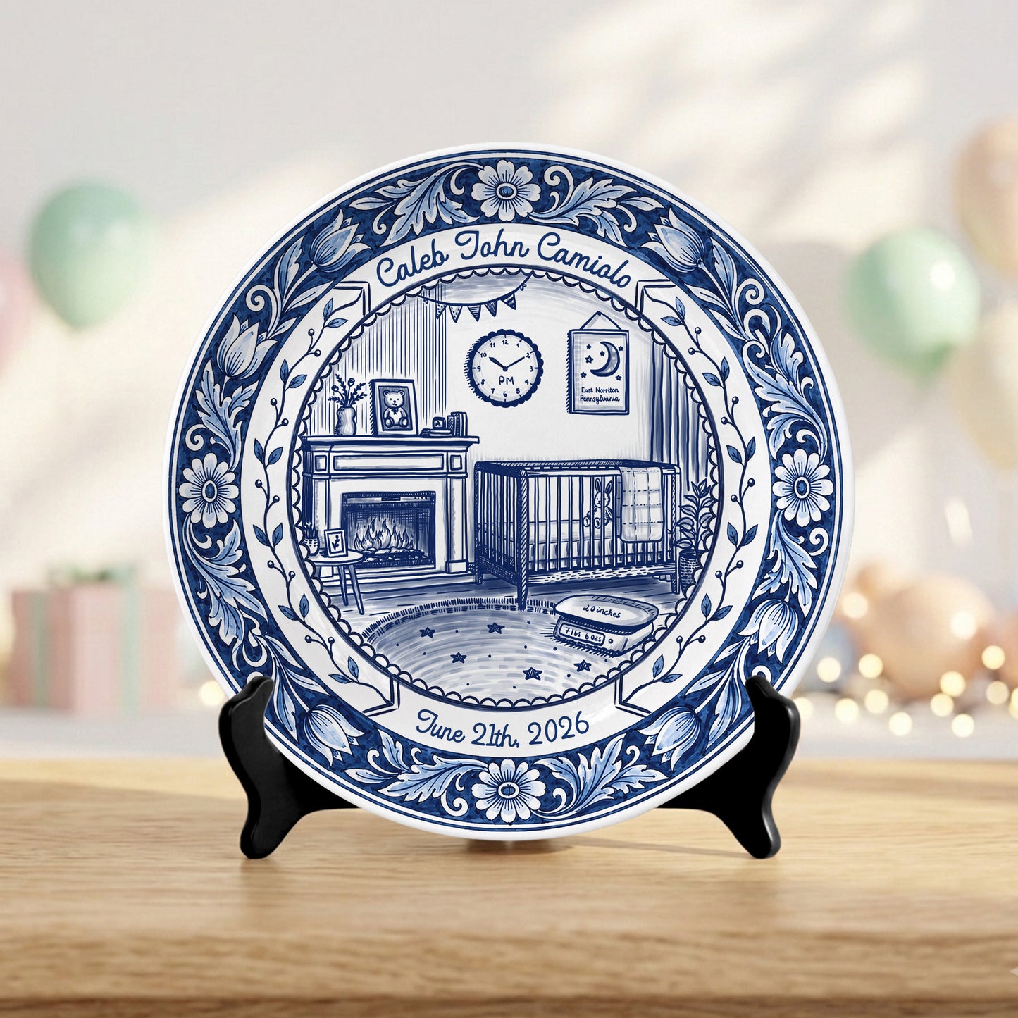 Delft Blue Newborn Birth Stats Custom Keepsake Personalized Birthday Plate P820UMN0